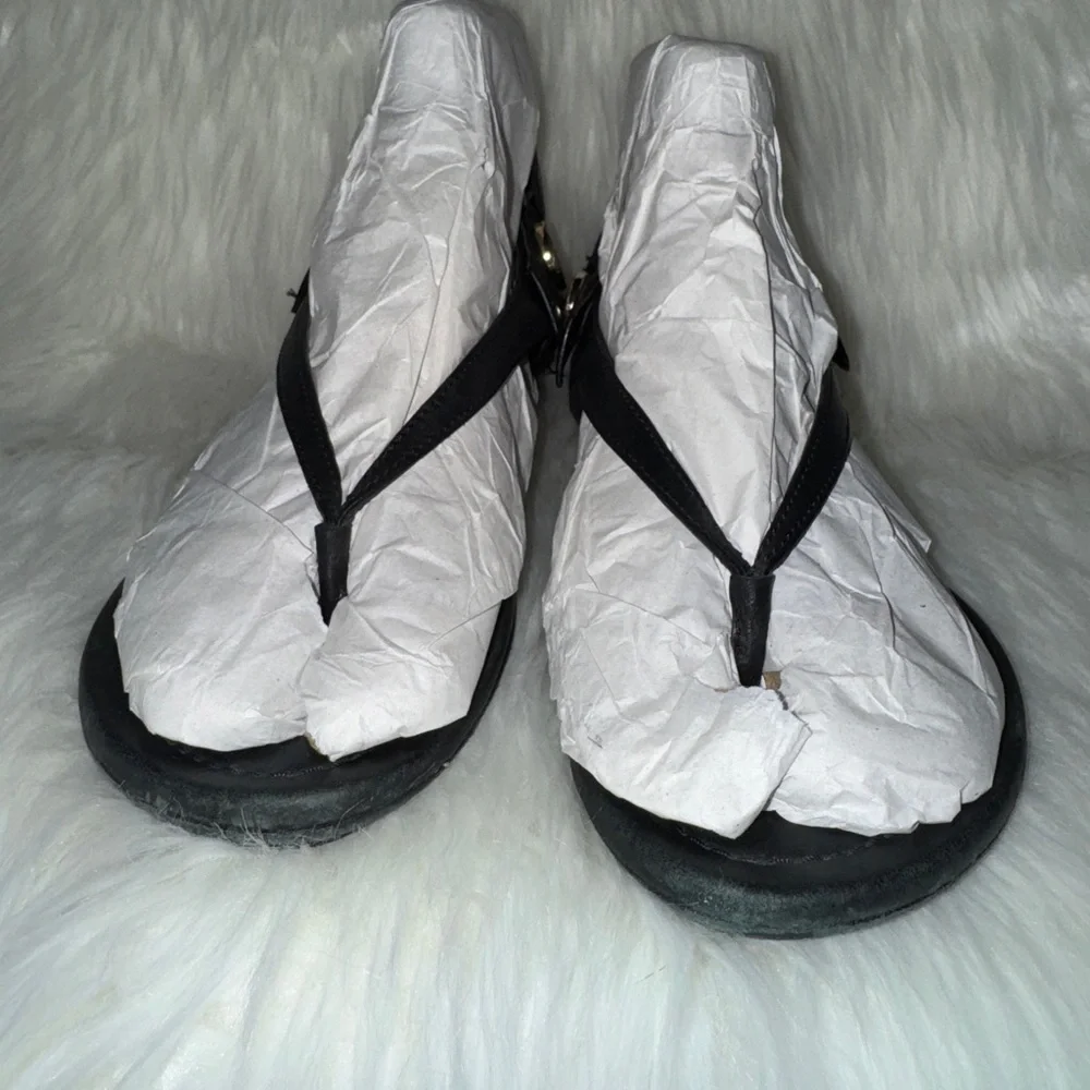 Tory Burch Veg Leather Black Minnie Travel Sandals Flats Womens Shoes 8M